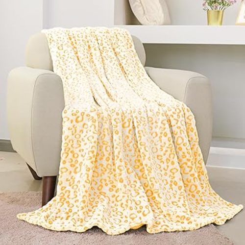 FY FIBER HOUSE Flannel Fleece Leopard Print Throw Blanket Super Soft Lightweight Fluffy Throw for Couch, 50"X60",Yellow