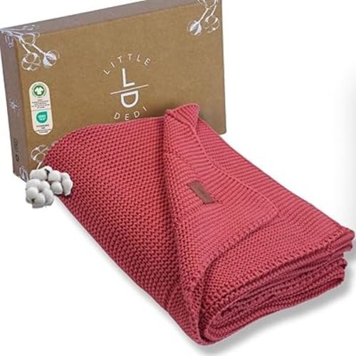 100% Organic Cotton Baby Knitted Blanket with Gift Box - Soft Toddler, Crib, Stroller Blanket - Neutral Swaddle and Receiving Blanket for Newborns, 30"x40", Amberglow