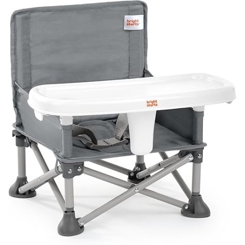 Bright Starts Pop 'N Sit Portable Booster, Indoor/Outdoor Use, Floor Seat with Feeding Tray, Grey, 6 Mos - 3 Yrs