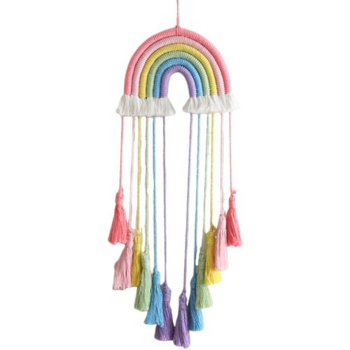 Rainbow Macrame Wall Hanging - Hand-Woven Cotton Tassel Tapestry Decor for Baby Room, Nursery, and Home Decor (Pink Rainbow)