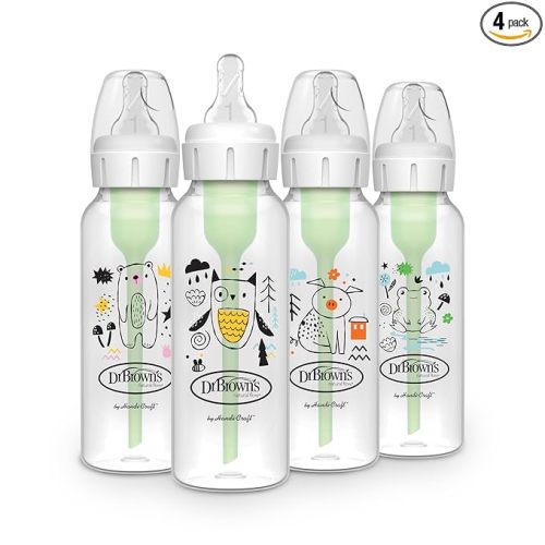 Dr. Brown's Natural Flow Anti-Colic Options+ Narrow Baby Bottle, 8 oz/250 mL, with Level 1 Slow Flow Nipple, BPA Free, 0m+, Bear, Owl, Pig, Frog, 4-Pack