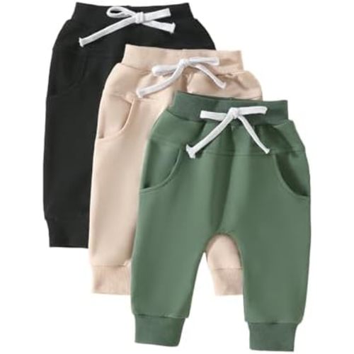 Toddler Baby Boys Pants 3 Pack Solid Color Fall Spring Sweatpants Baby Jogger Pants Khaki Brown Grey