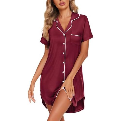 Ekouaer Womens Nightgown Button Down Sleepshirts Short Sleeve Sleepwear Boyfriend Nightshirts Pajama Dress