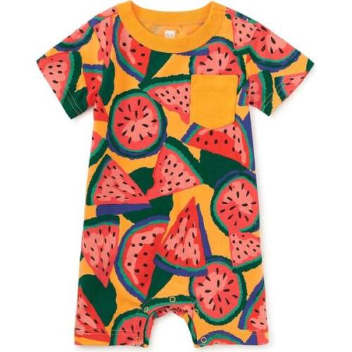 Pocket Shortie Baby Romper, Wiggly Watermelons - Tea Collection | Maisonette
