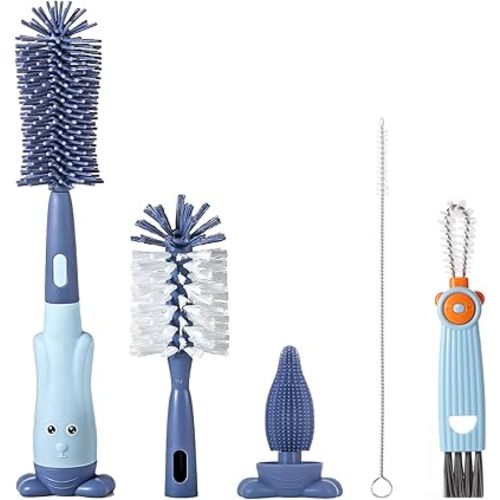5-in-1 Baby Bottle Brush Set, Bottle Brush for Baby, Baby Bottle Scrubber, Including Silicone & Nylon Bottle Brush, Bottle Cap Brush, Straw Brush, Nipple Brush, BPA-Free (Blue)