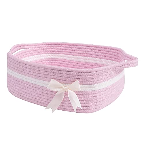 CHICVITA Pink Baby Girl Gift Basket, Small Woven Rope Basket, Rectangle Shelf Baskets for Bathroom, Cute Nursery Storage Baskets for Toys, Diapers, Towels, Snacks, 13 x 9.8 x 5 inches