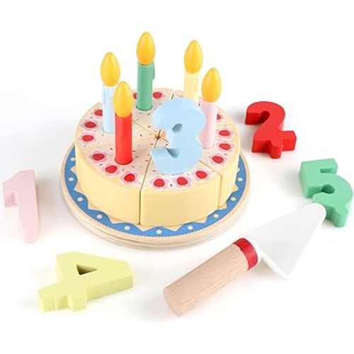 Wooden Cutting Cake Play Set, Fake Cake with Candles and Numbers, Pretend Play Food Set, Montessori Tea Party Toys Learning Kitchen Toys for Boys Girls 1-6 Years