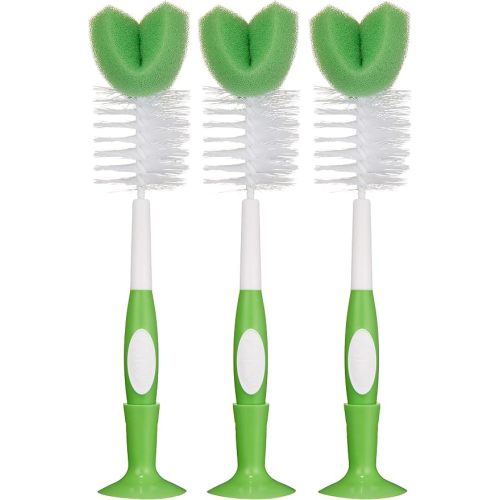 Amazon Brand - Mama Bear Baby Bottle Brush with Nipple Cleaner and Suction Cup Stand, White (Pack of 3)