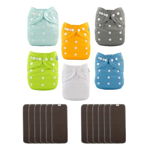 ALVABABY 6 Pack Baby Cloth Diapers with 12 pcs 5-Layer Charcoal Inserts/Adjustable Washable Reusable 6BM98-ZTN