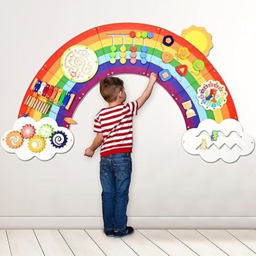 5FT Large Sunshine Rainbow Wooden Activity Wall Panel for Toddler Educational Montessori Toy for Kids Interactive Sensory Toys Sensory Activity Busy Board Daycare Learning Center Toddler Room Decor