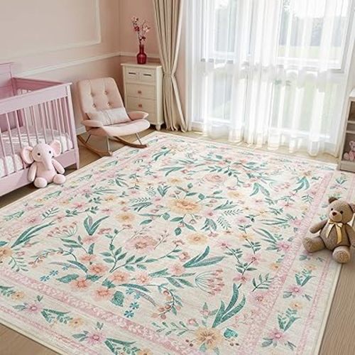 Pink Floral Area Rug 6x9,Soft Washable Girls Bedroom Rug for Nursery, Living Room or Playroom,Boho Vintage Non-Slip Carpet for Kids or Teen Girl Room Decor