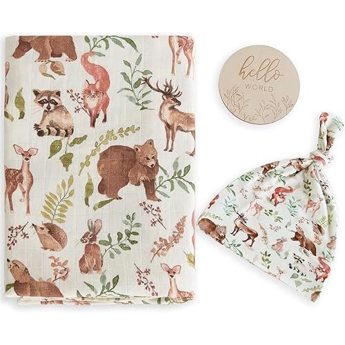 LifeTree Muslin Swaddle Blankets, Muslin Baby Boy Swaddle Blanket and Hat Set with Birth Announcement Card, Newborn Unisex Neutral Receiving Blankets Woodland Forest Animals