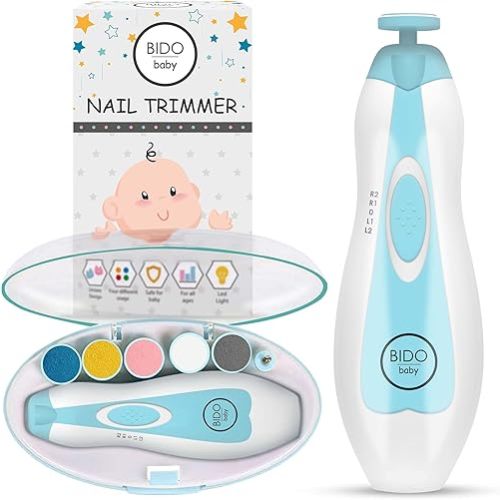 BİDO Baby Nail Trimmer File Electric-Safe Baby Nail Clippers,Manicure Kit for Newborn Toddler and Kids,12 Grinding Heads and LED Light, Pink or Blue (Blue)