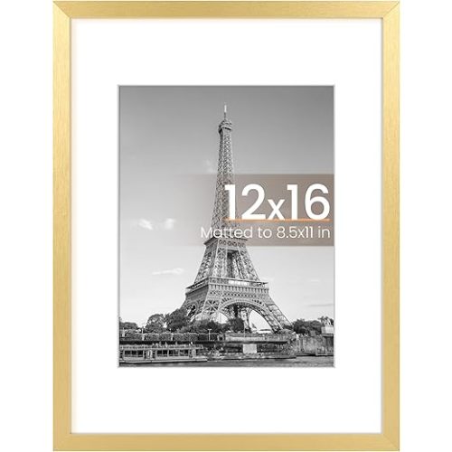 upsimples 12x16 Picture Frame, Display Pictures 8.5x11 with Mat or 12x16 Without Mat, Wall Hanging Photo Frame, Gold, 1 Pack