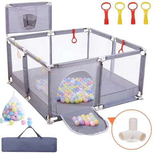 JoyStone 50 x 50 Baby Playpen with 30 Ocean Balls, Soft Mesh Sides, Basketball Hoop & Pull Rings, Indoor Baby Fence for Toddlers, Grey
