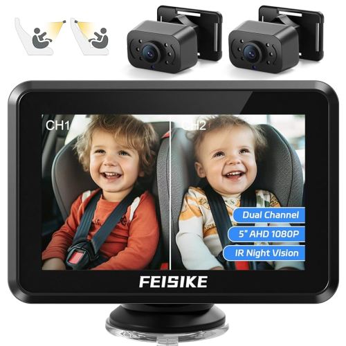 FEISIKE Baby Car Camera, 1080P Dual-Channel 5 inch Display Baby Car Mirror with 2 IR Night Vision Camera, Easily Install Car Camera for Baby with Crystal Clear Wide View for Rear Facing Seat