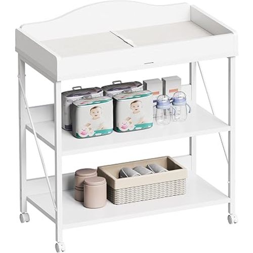 Baby Changing Table, Diaper Changing Station with Pad and Wheels, Two-Tier Open Storage Shelves, Waterproof Diaper pad & Safety Strap, Compact Baby Furniture for Nursery, White
