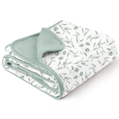 Konssy Muslin Baby Blankets for Girls, 100% Cotton Crib Blanket for Baby Infant Toddler, Super Soft and Lightweight Nursery Blankets 40"x36" (Green Leaves)