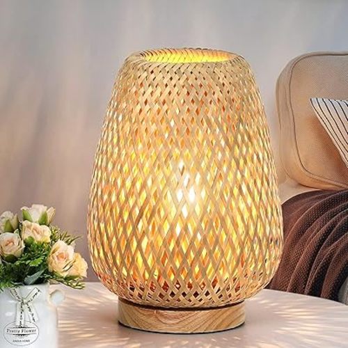 Rattan Table Lamp, Stepless Dimmable Small Beside Lamp, Vintage Wicker Wooden Nightstand Boho Bamboo Woven End Table Lamps for Bedroom Living Room Desk Kids Room, 2700K T45 LED Bulb Included