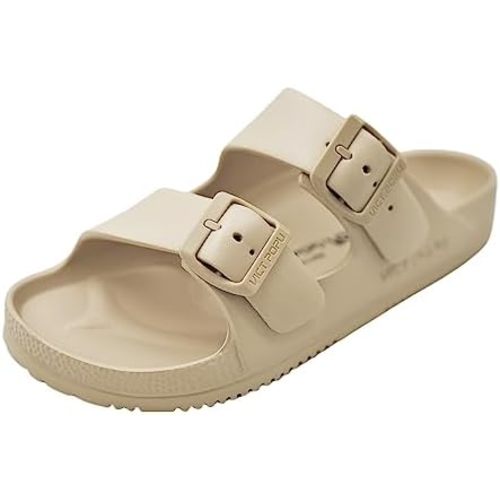 VICT POPU Womens Sandals Adjustable Double Buckle Strap Waterproof EVA Flat Slides