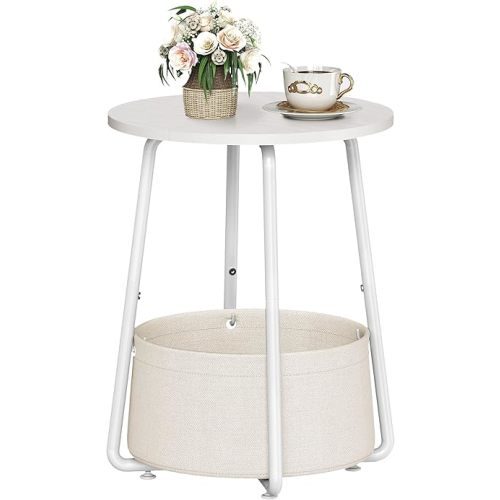 Round Side Table, Small End Table with Fabric Storage Basket, 2-Tier Bedside Table, Round Nightstand, for Small Space, Living Room, Bedroom, Nursery, White and Beige TBZ03WM