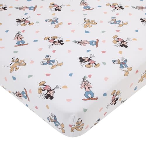 NoJo Disney Mickey Mouse Light Blue, White, and Tan Donald Duck, Goofy, and Pluto Super Soft Nursery Fitted Crib Sheet
