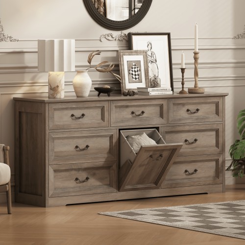 63" Wide Farmhouse 7-Drawer Dresser with 2 Laundry Hamper for Bedroom,Chest of Drawers, Gray Finish, Vintage Black Handles, Living Room Storage Cabinet,Gray
