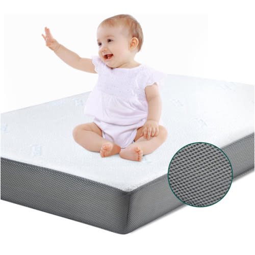 BABELIO Premium Memory Foam Crib Mattresses, 2-Stage, with Waterproof Lining & Removable Cover, for Standard Toddler Bed White and Grey
