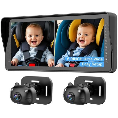 Amazon.com: Dual Baby Car Camera for 2 Kids - 6.9'' Split Screen Ultrawide HD Display with Two Cameras, Easy Setup, Rotatable Night Vision Cameras, Ideal for Parents, Grandparents, Safe & Clear Viewing : Baby