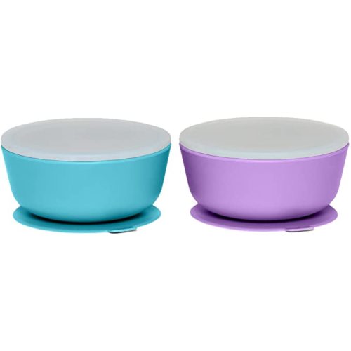 WeeSprout Silicone, Plastic Dishware Bowls Leakproof Premium Lids Durable for Babies and Toddlers, Dishwasher, Microwave and Freezer Safe Set of 2, Bright Blue + Bright Purple
