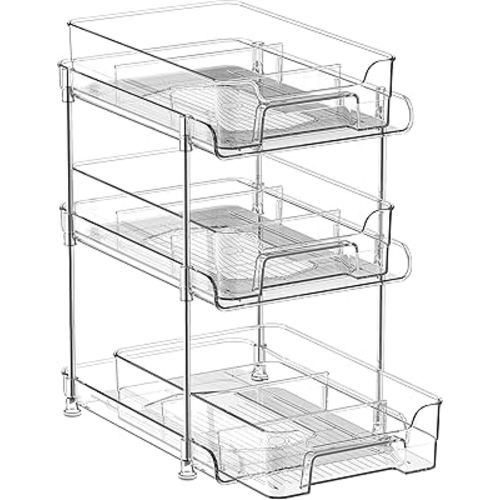 3 Tier Clear Bathroom Organizers with Dividers, Multi- Purpose Pull Out Organizer and Storage, Makeup Organizer, Bathroom Cabinet Organizers, Snack Organizers bin (Clear)