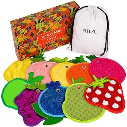 FITLZL Sensory Mats, Fruit Shaped, Assorted Textured Sensory Tiles for Kids and Autistic Children, Sensory Toys for Tactile Play and Multi Sensory Exploration, Sensory Wall and Floor Panels, 10 Piece.