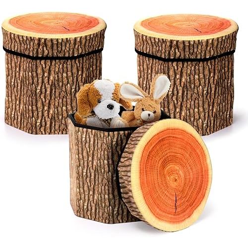 Lawei 3 Pack Tree Stump Storage Stools, 12 x 12 Inches Folding Stool Ottoman with Foam Cushion, Collapsible Storages Seat Chest, Vintage Storage Toy Box Wood Stump Organizer Stools for Toy