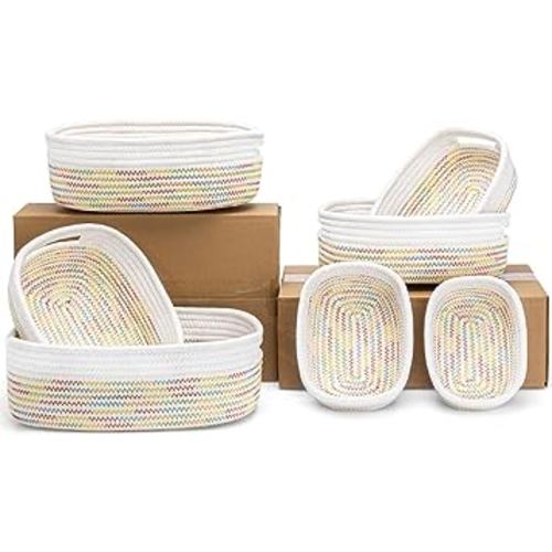 7 Piece Cotton Rope Woven Basket Set - Small Basket for Baby Nursery, Pets, Montessori, Dog & Cat Toy Boxes, Bathroom Organization Bins (White/Rainbow Stitching)