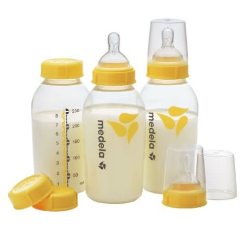 Medela Breast Milk Storage Bottles, 3 Pack of 8 Ounce Breastfeeding Bottles with Nipples, Lids, Wide Base Collars, and Travel Caps, Made Without BPA - 8 Ounce (Pack of 3)