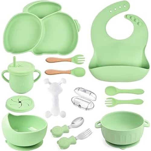Silicone Baby Feeding Set, 15 Pieces Toddler Silicone Tableware Set, Dinner Plate and Bowl/Bib/Training Cup/Finger Toothbrush/Fork and Spoon/baby plates and utensils set（green）