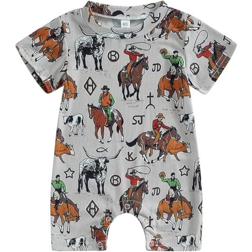 Muasaaluxi Western Baby Girl Boy Clothes Short Sleeve Cow Print Romper One Piece Bodysuit Shorts Summer Outfit