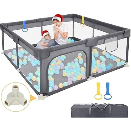 Dripex Baby Playpen, 52"×52" Play Pens for Babies and Toddlers, Safe Anti-Fall Play Yard with Gates, Baby Fence with Breathable Mesh, Indoor & Outdoor Kids Activity Center, Anchor Grey