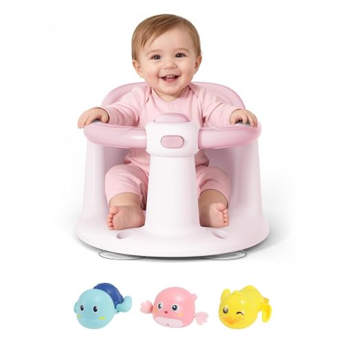 Baby Bath Seat for Babies 6 Months & Up - Bathtub Seats for Babies with 3 Baby Bath Toys, Non-Slip, Comfortable, Infant Bath Essentials-Pink