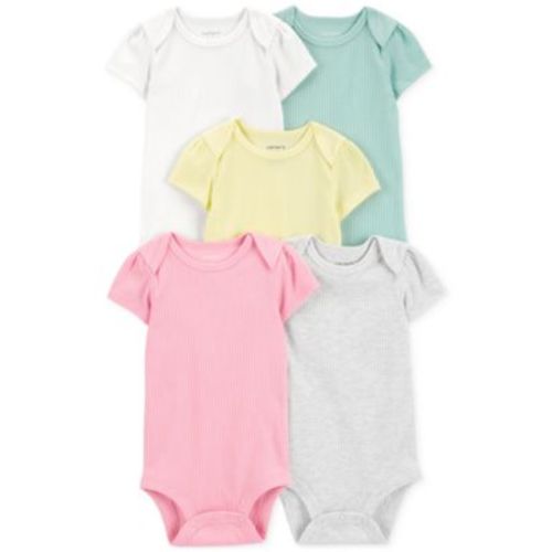 Baby Girls Short-Sleeve Ribbed Bodysuits, Pack of 5