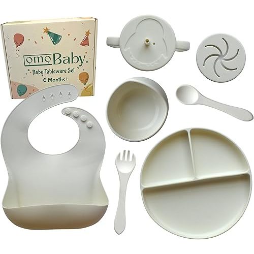 Silicone 8 Pcs Baby Led Weaning Tableware Self Feeding Set Bundle Pearl White Oatmeal Baby Toddlers Bib Suction Plate Bowl Cup Snack Drinking Lid Fork Spoon