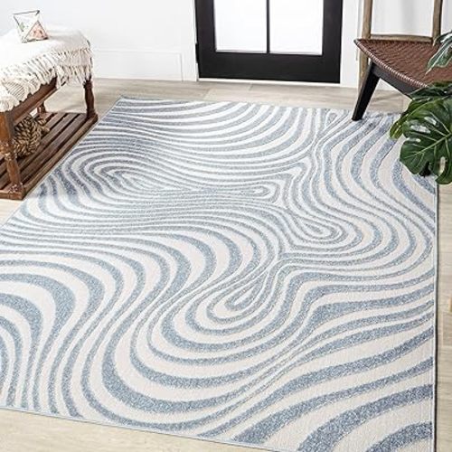 JONATHAN Y SCN103C-8 Maribo High-Low Abstract Groovy Striped Indoor/Outdoor Area Rug, Contemporary, Vintage, Bohemian, Glam, Bedroom, Kitchen, Living Room, Non Shedding, Light Blue/Ivory, 8' x 10'