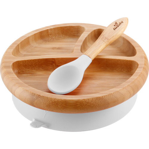 Baby Bamboo Stay Put Suction Plate + Spoon, White - Avanchy | Maisonette