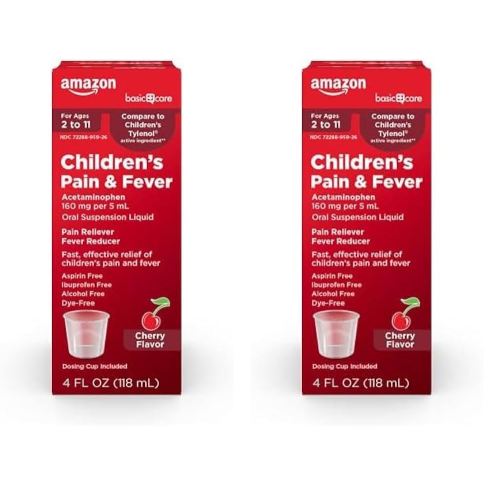 Amazon Basic Care Children's Pain Reliever & Fever Reducer, Acetaminophen 160 mg per 5 mL Oral Suspension Liquid, Dye-Free Cherry Flavor, 4 fl oz (Pack of 2)