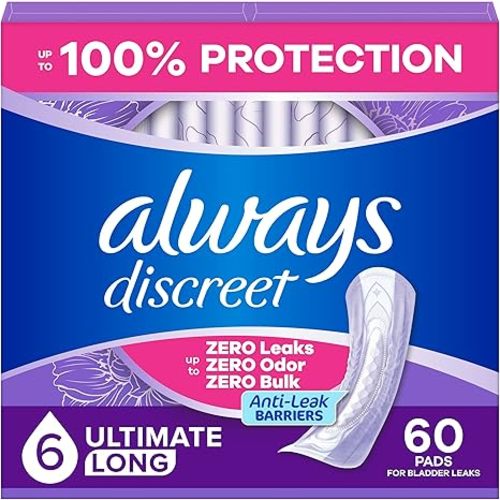Always Discreet Adult Incontinence Pads for Women, Drier, 6 Drop Long Length, Extra Heavy Absorbency, Pads for Bladder Control Management, Bladder Leaks, & Postpartum Pads, 60ct