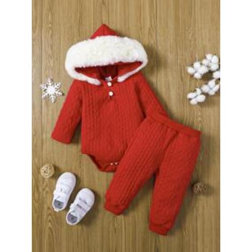Baby Girl Fuzzy Trim Hooded Bodysuit & Sweatpants