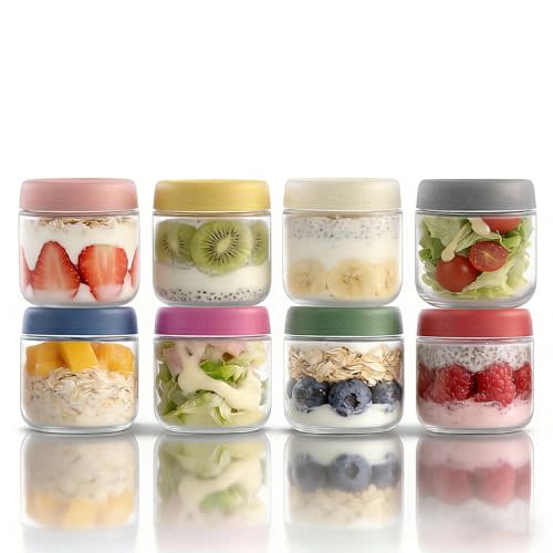 10oz 8Pack Glass Overnight Oats Jars Containers with Airtight Leakproof Lids, Reusable Mason Jars for Meal Prep, Yogurt Parfaits, Smoothies, Salads & Healthy Breakfasts(10oz-8Pack)