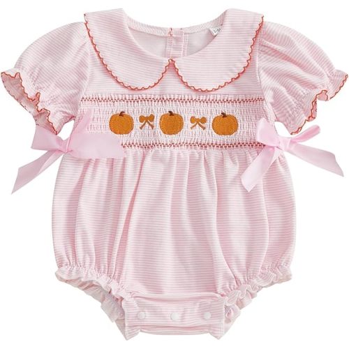 Adobabirl My First Easter Baby Girl Outfit Bunny Embroidery Bubble Romper Short Sleeve Bow Jumpsuit Smocked Clothes