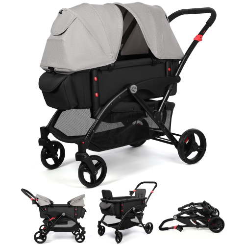 Vomeast Wagon Stroller with Canopy, 2-Seat Stroller Wagon for Kids, 5-Point Harness, Foldable, Gray & Black
