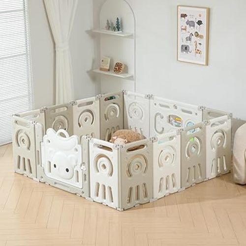 Foldable Play Pen for Babies & Toddlers, 14 Panels Extra Large, Portable Baby Fence & Gate, Grey White, 6 Months to 3 Years-Old